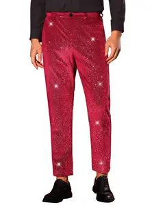 INSPIRE CHIC Glitter Velvet Pants Men Metallic Zipper Button Party Straight Leg Shiny Velour Trousers