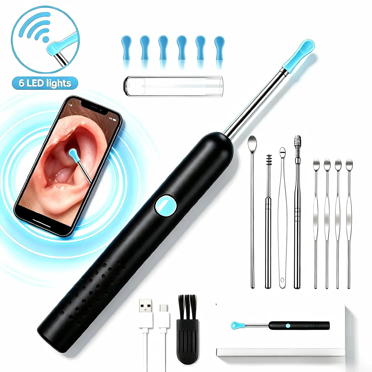 Manual Earwax Removal Tool Set with 1080P HD Camera, Visual Ear Aid, Compatible with iPhone & Android Phones for Ear Wax Removals