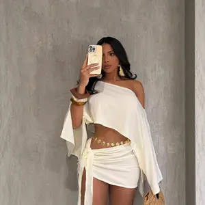 Mina Fashion Elegant Sexy Beach Vacation Breathable Off-Shoulder Top Tie Hip-Hugging Short Skirt Set Clothes Womenswear