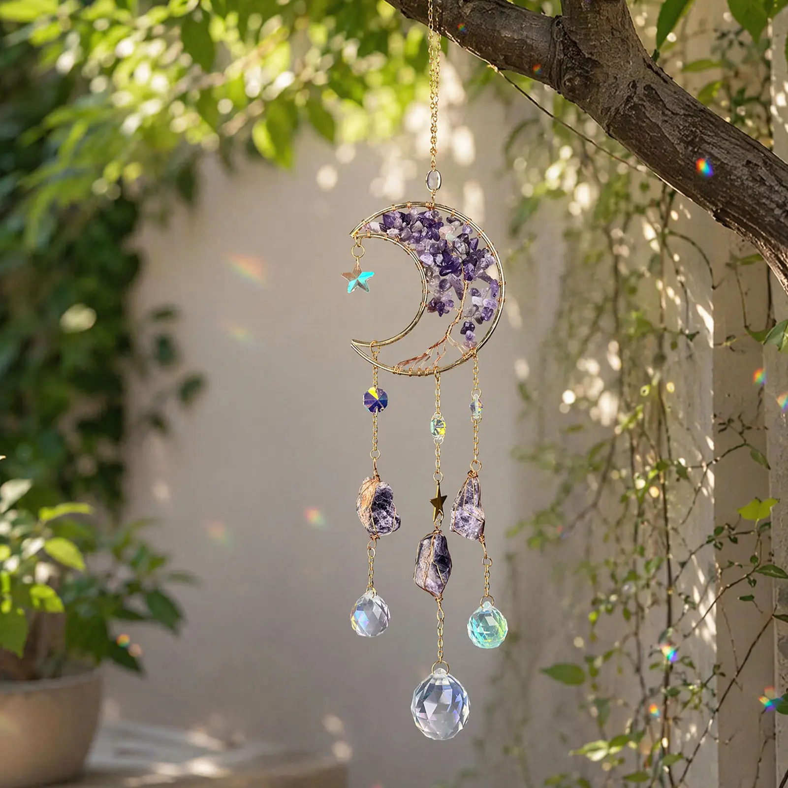 Crystal Moon Dream Catcher, 1 pcs Tree of Life Dreamcatcher with Crystal Purple Stones, Handmade Sun Catcher Wall Decor for Bedroom Study Room Courtyard Garden, Bless Gift
