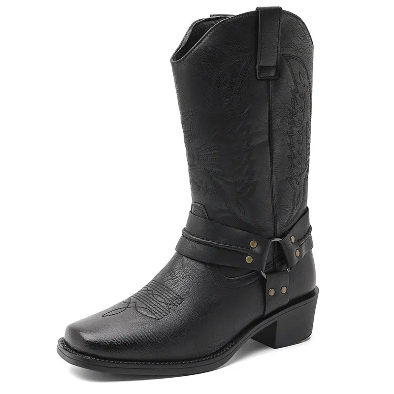 CYUW Men’s Retro Western Cowboy Mid-Calf Boots, Square Toe Chunky Heel Slip-On Fashion Footwear, Classic Embroidery Design, Suitable for Everyday Wear, Parties, and Street Outings