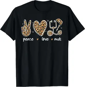 100% Cotton Top Peace love MDS Coordinator Nurse leopard Print stethoscope T-Shirt