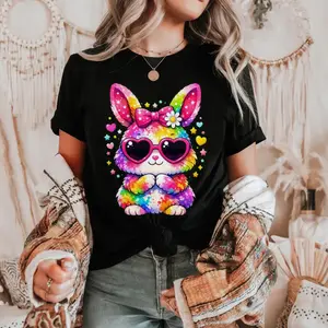 Rainbow Easter Rabbit T-shirt - a cute bunny wearing heart-shaped sunglasses, a colorful spring print T-shirt designed specifically for women and girls, suitable for men, women, mothers, and friends, couple style, fashionable and loose, youthful and energ