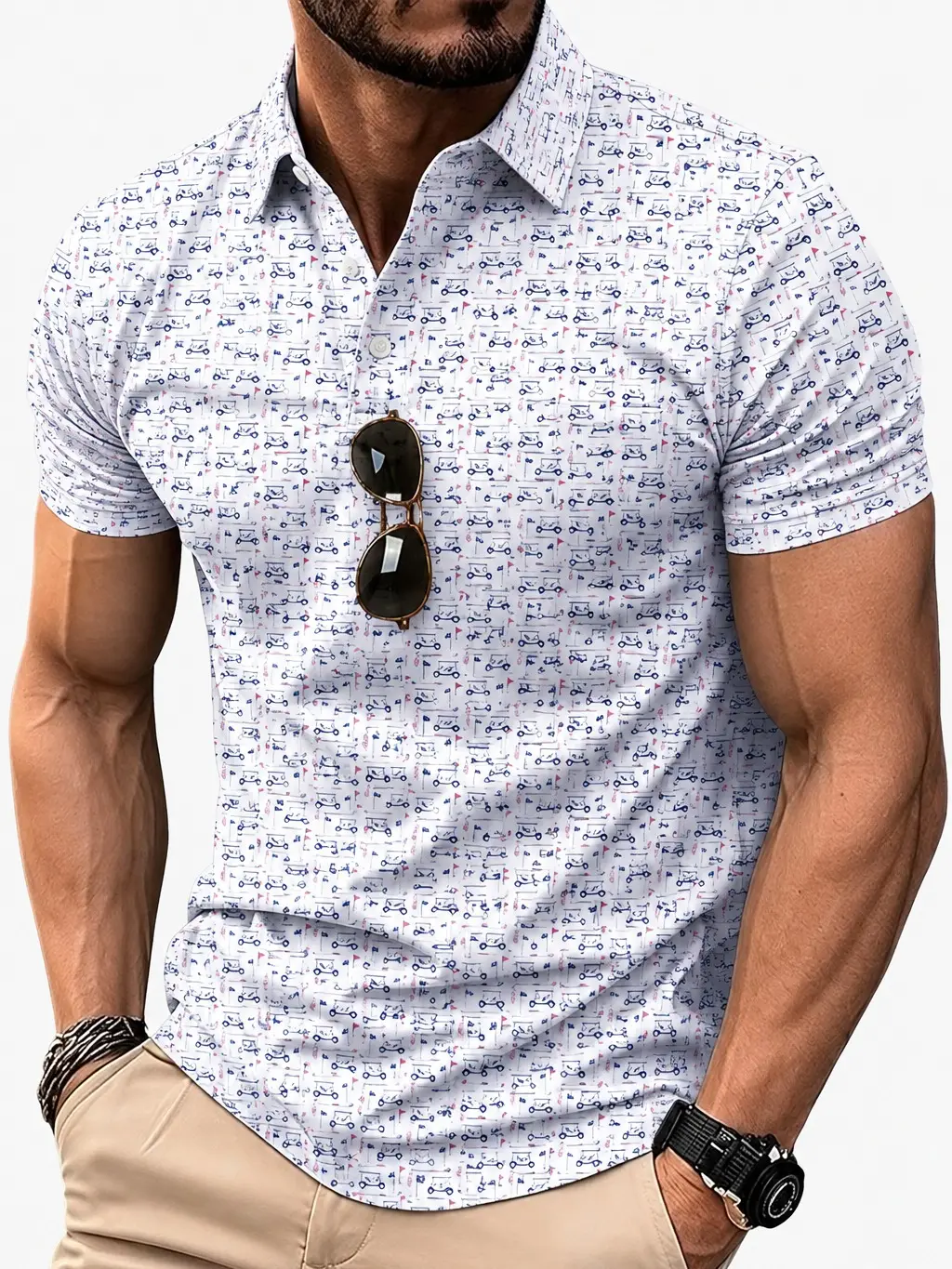 ZITY Men’s Athletic Breathable Jersey Polo Shirt - Short Sleeve Collared Lightweight Polyester Top with Golf Cart Print, Sunglasses Buckle, Business & Vacation Wear, Jersey Polo Shirts