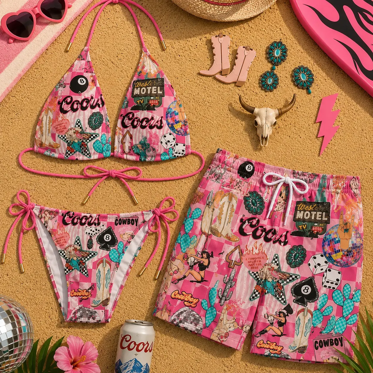 Coors Couples Swimwear Set, Matching Bikini & Men's Beach Shorts, Summer Vacation Outfit, Hawaiian Beachwear Coordinated Set, Tropical Resort Swimwear, Couple Beach Outfit