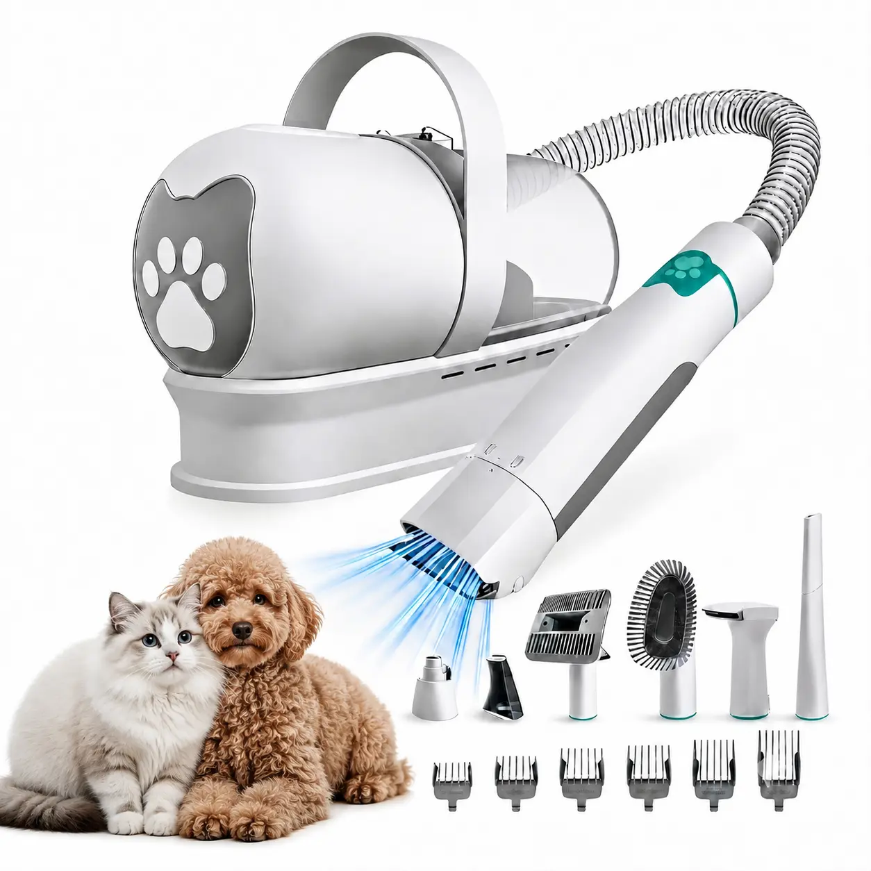 7-in-1 Home Pet Grooming Vacuum Kit, Dog & Cat Clipper Set with Paw Trimmer, Nail Polisher & 6 Guard Combs