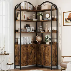 6-Tier Corner Bookshelf, 74" Tall Corner Bookcase with Storage, Rustic l Shaped Bookshelves with Cabinet, Large l Shape Bookshelf Bookcase with Doors for Living Room, Home Office, Retro