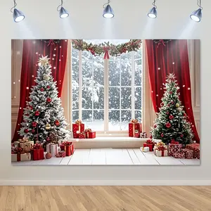 Winter Wonderland 2D Flat Large Wall Mural with Christmas Tree Snowy Window Red Curtains LED Star Light Garland Ribbon Acrylic Ornament Tinsel for Game Rooms Birthday Party Backdrop All-Season Decor