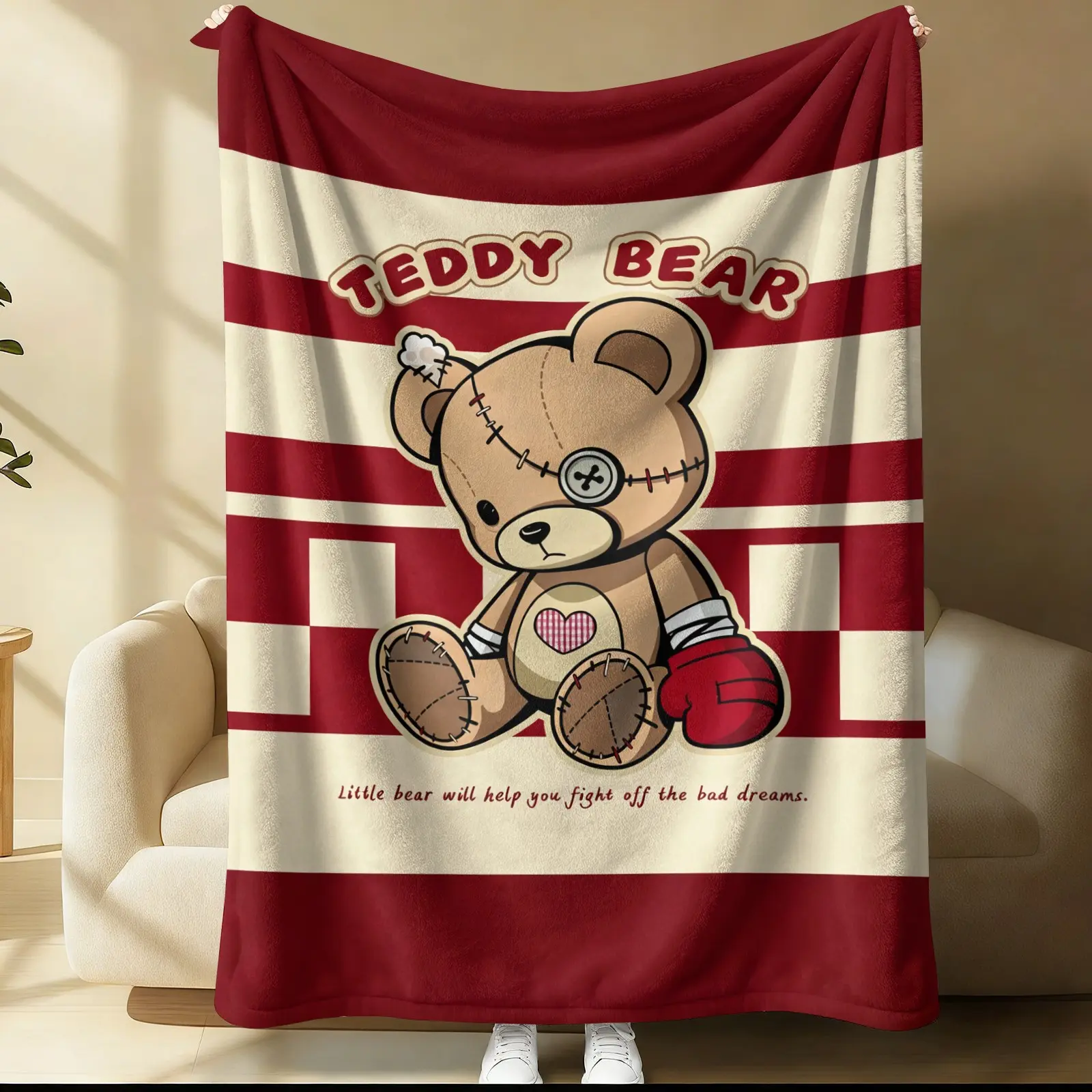 Retro Grunge Style Teddy Bear Throw Blanket, Soft Cozy Blanket for Couch, Bed, Travel & Office, Trendy Decor for Teens & Boys