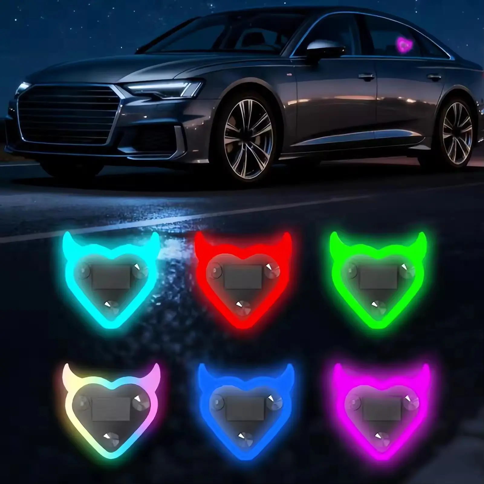 FCCEMC Heart Shape Car LED Light Solar Rechargeable Neon Ambient Lamp Romantic USB-C Decor for Dashboard, SUV Truck Sedan Interior Led Car Lights Car Decorative Light