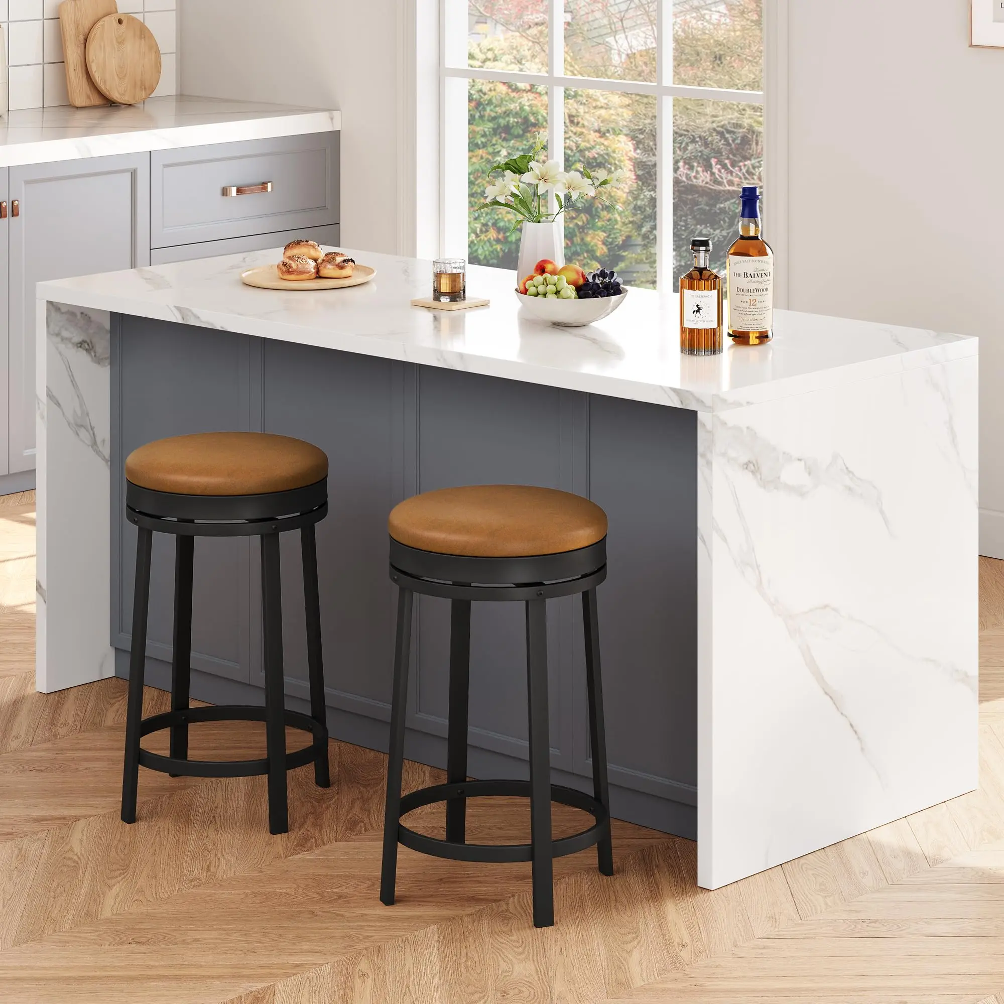 Garvee 24-in Backless Round Modern Minimalist Swivel Counter Barstools Set of 2, Matte Black Metal Frame, PU Leather Upholstery, Straight Footrest, Brown, Floor-Safe Legs, Easy Setup, 14.6"d x 16.5"w x 24.4"h, for Kitchen Island Home Bar