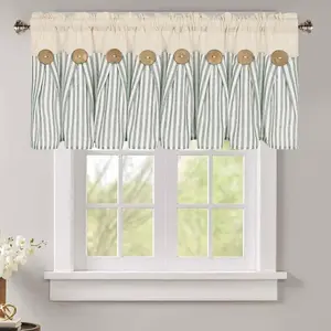 Cotton Linen Farmhouse Kitchen Window Valance Curtains-Boho Rustic Button Valances, Natural/Sage Green Stripe Color Block, Rod Pocket, for Small Windows in Cafe, Bathroom, Bedroom
