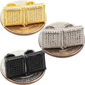 925 Sterling Silver 14k Gold Vermeil Black Rhodium AAA Cubic Zirconia 10mm Square Screw Back Stud Earrings