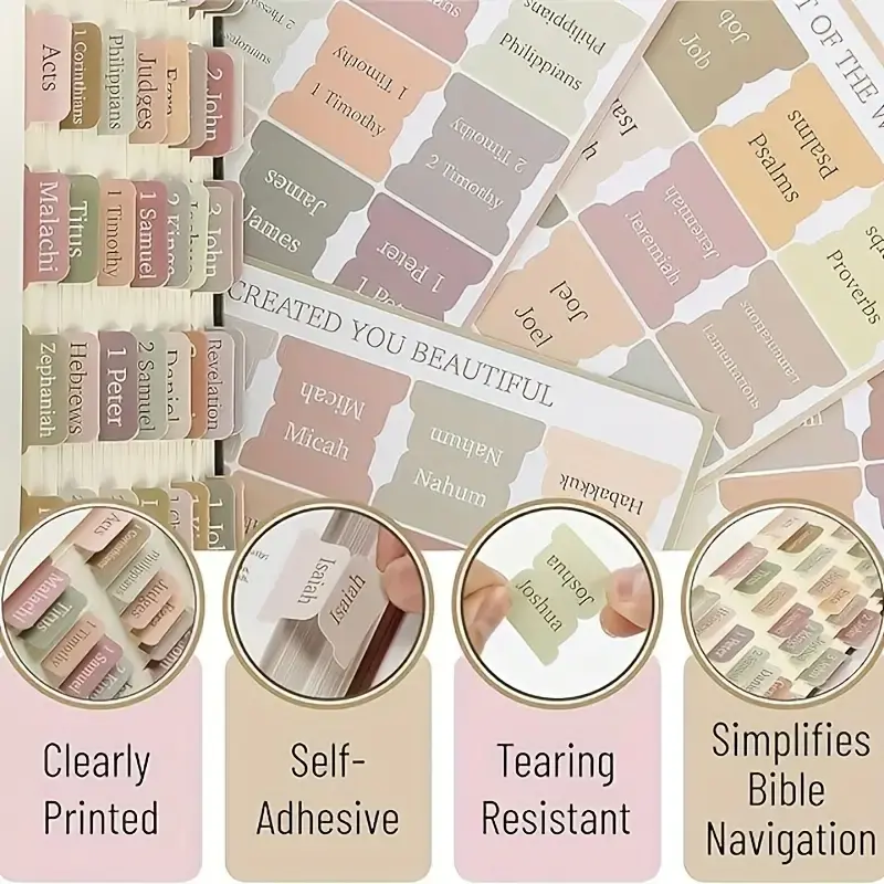 Laminated Bible Index Tabs, 4-Set with 4 Themes & 75 Tabs, Office Stationery Labels for Study Bible Users