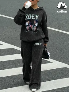 Cotton, "KPOP DEMON - HUNTERS" Zoe pattern letter print, women's vintage distressed plush hooded sweatshirt and trousers two-piece set, loose casual plush long-sleeved hoodie and elastic trousers, spring and autumn daily wear, suit