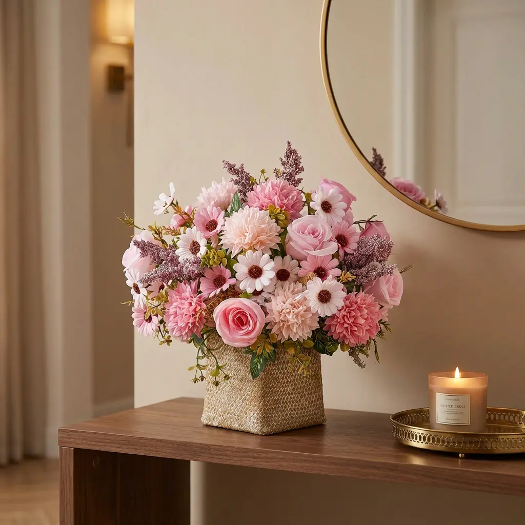 Pink Decorative Artificial Rose & Daisy Silk Flower Bouquet - Centerpiece for Room, Study, Entryway Accents, Canada Day Gift, Basket-Ready (Vase Not Included), Pink Rose Flowers