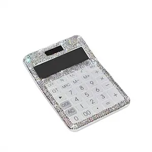 Rhinestone Crystal Dazzling 12 Digit Solar and Battery Dual Power ,LCD Display Calculator for Office, School White