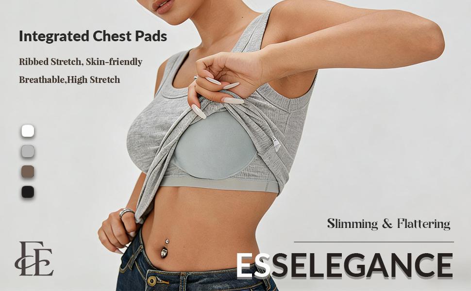 EssElegance Ribbed Workout Tank Tops for Women with Built in Bra Tight Racerback Scoop Sports Tank Neck Athletic Top for Summer And All Seasons Womenswear Bras