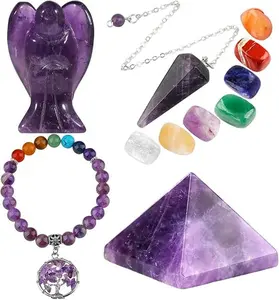 Amethyst Healing Crystals Set, 7 Chakra Bracelet, Palm Stones, Pendulum, Pocket Guardian Angel, Pyramid Meditation Kits for Reiki,Balancing