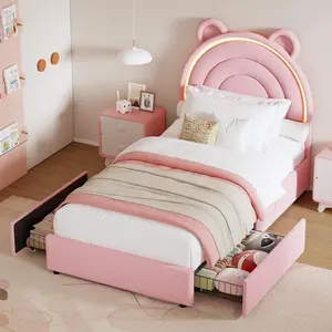 Princess Twin Size Bed Frame with 2 Storage Drawers & LED Lights - Upholstered Platform Bed with Rainbow Headboard for Girls, Solid Wood Slats, No Box Spring Needed