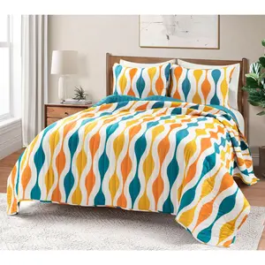 Mid-Century Geo Quilt Turq/Orange 3-Pc Set Kingby Lush Decor