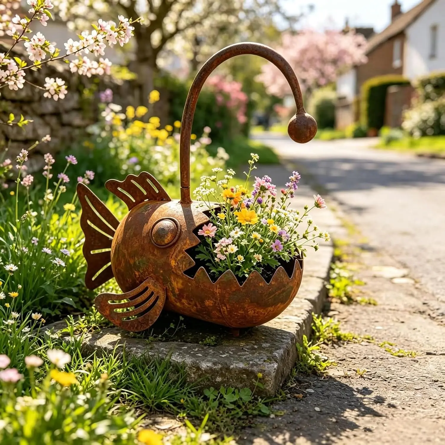 Anglerfish flower pot, vintage metal flower pot, 2-in-1 convertible metal fish-shaped flower pot/bird feeder, durable wrought iron sculpture, ideal for decorating patios, terraces, balconies, and gardens.