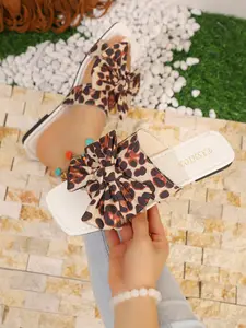 Women's Leopard Print Bow Flat Sandals, Square Toe Open Toe Summer Shoes, Comfortable Casual Footwear for Daily Wear