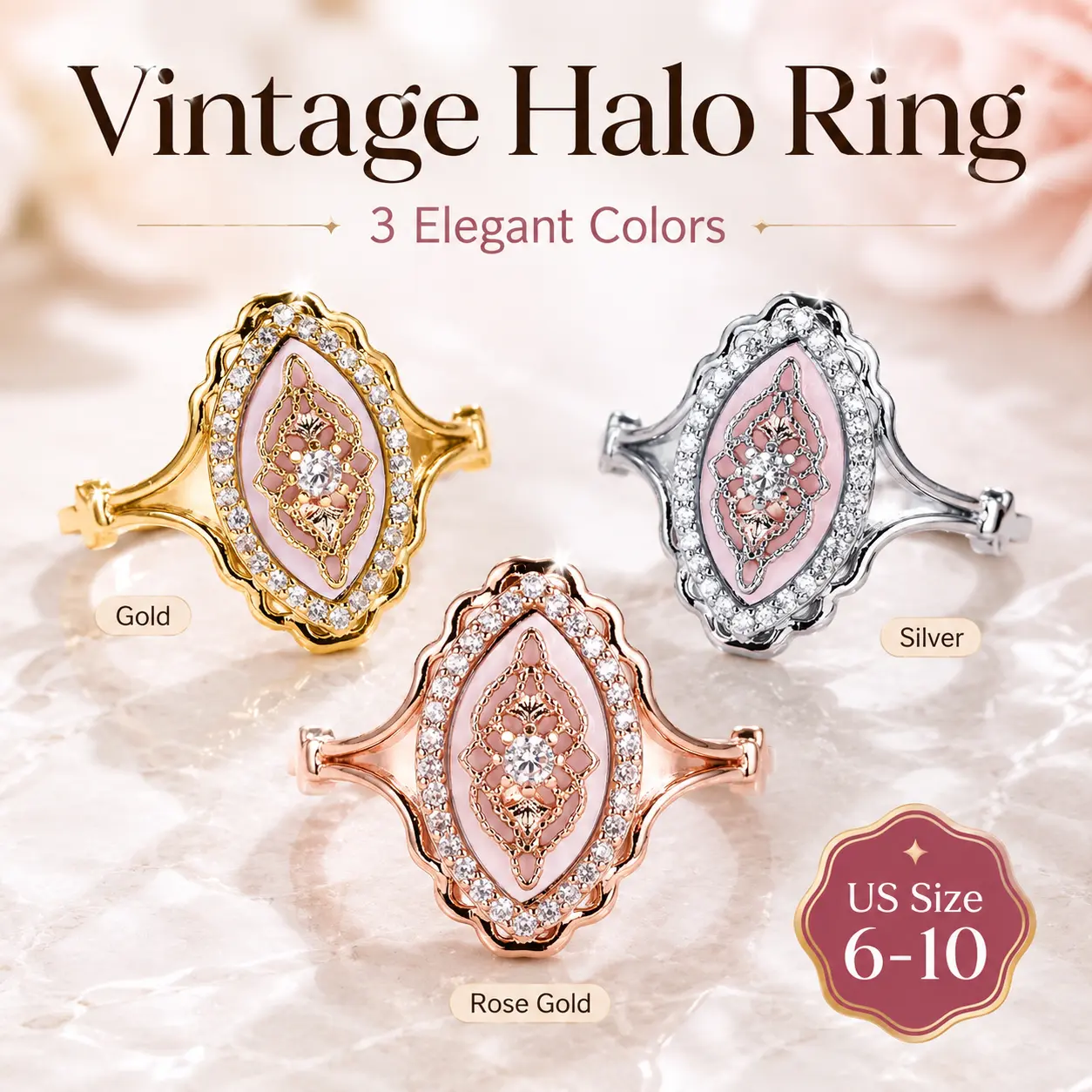 Vintage Filigree Ring for Women with Pink Stone and Crystal Halo, Classic Metal Statement Jewelry in Gold, Silver, Rose Gold Tones for Daily Wear, Halo Ring, Female, Oval, Perfect Gift For Women And Girls, Pink Oval Center Stone