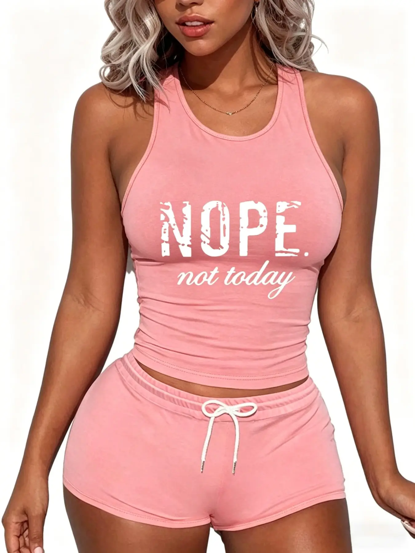 Women's "NOPE Not Today" Slogan Print Racerback Tank Top & Drawstring Shorts Set | Soft Breathable Slim Fit, Comfy Stretchy | Casual Workout & Loungewear, Sporty Casual Wear, Athleisure Gym Clothes for Summer Daily Wear, Soft Breathable Sportswear