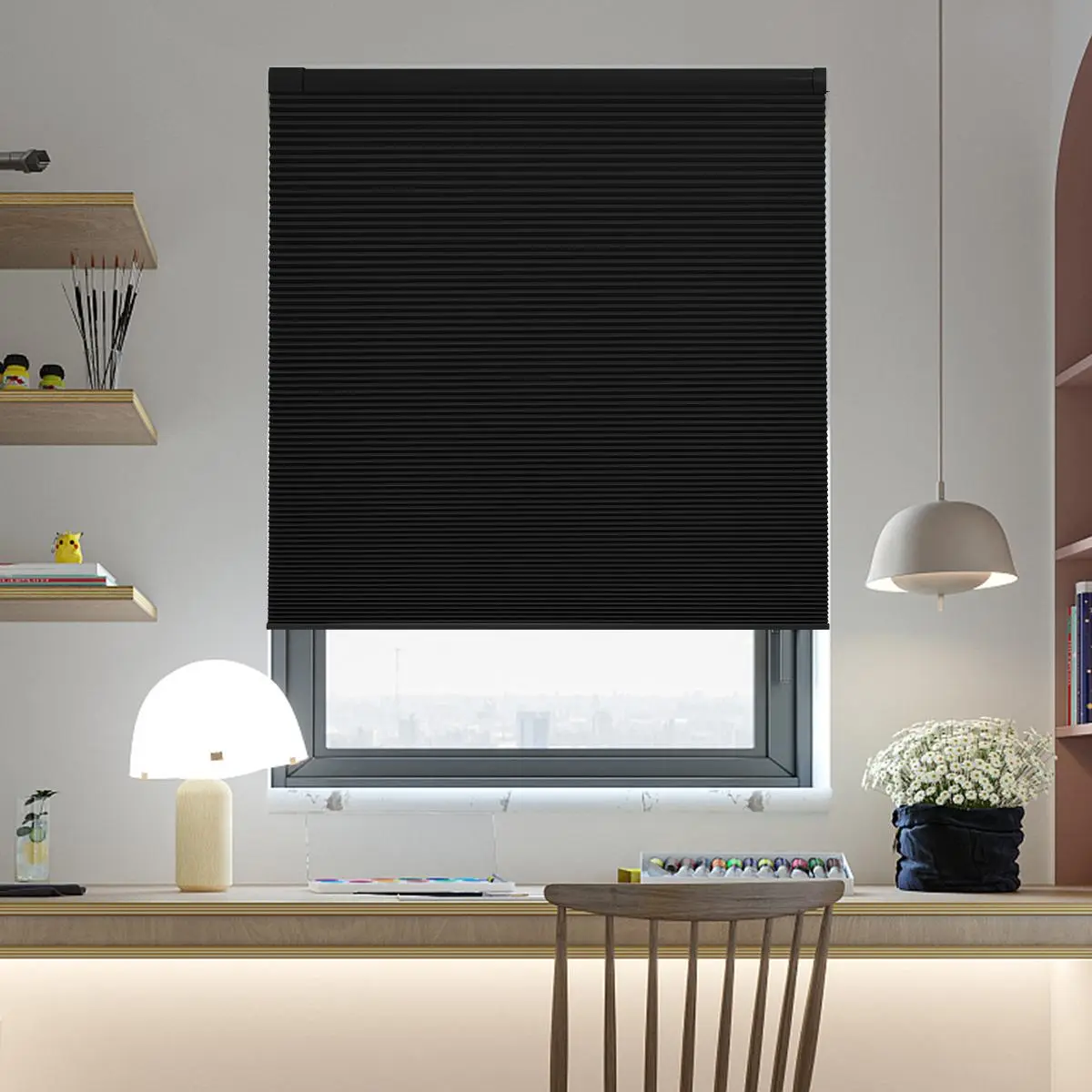 LUXPANORA Cordless No-Drill Blackout Honeycomb Blinds, Custom-Size Cellular Shades with Blackout Covers, Light-Blocking Window Treatments & Light Blocking Curtain for Bedroom, Kitchen - Black