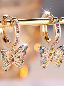 A pair of butterfly ear buckles made of colored zirconia are fashionable, elegant and simple, suitable for women to wear at travel, wedding and party events, Zirconia Hoop Earrings