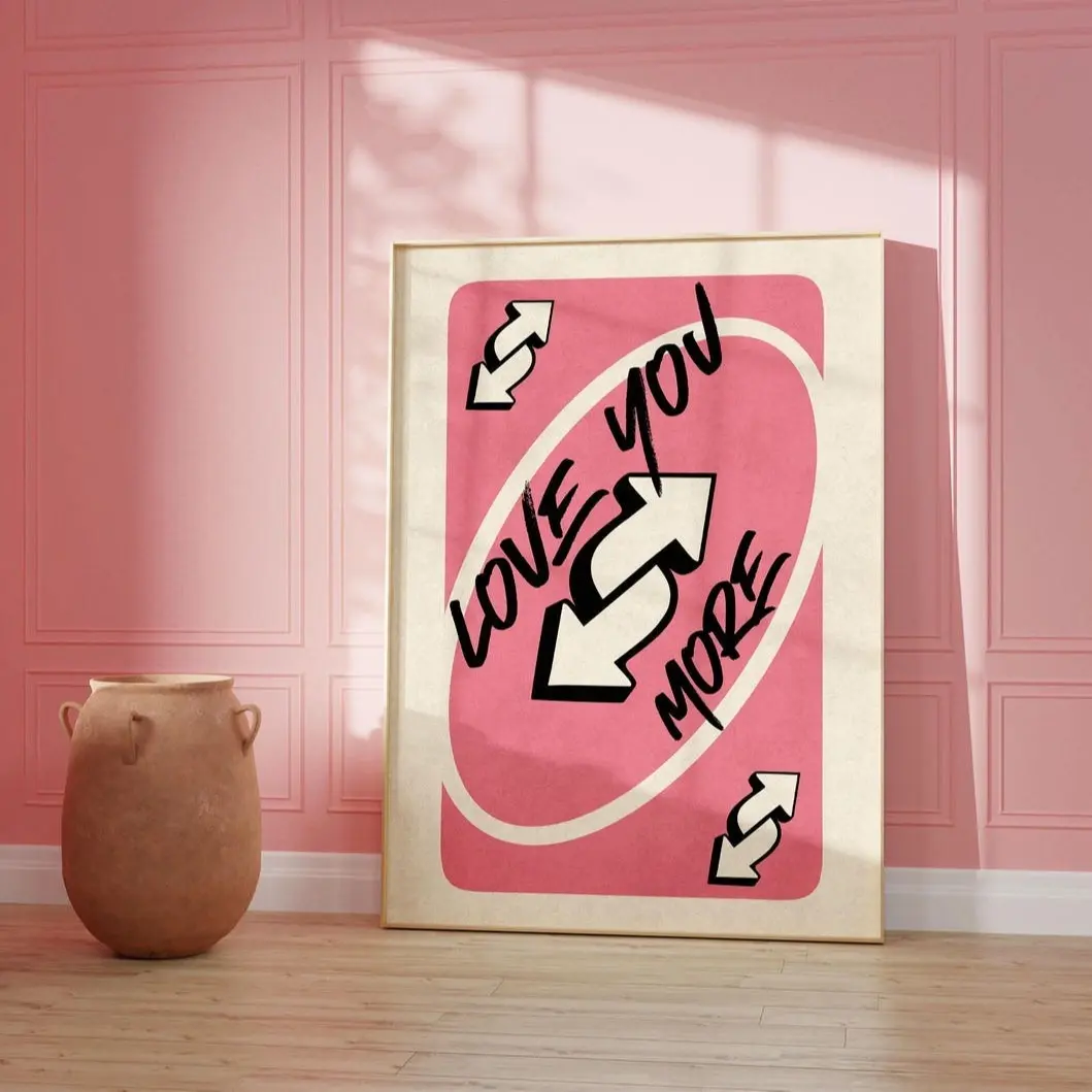 "Love You More Uno Reverse" Waterproof Retro Artistic Unframe-Style Wall Art Print - Love Theme Playing Card Painting, Girly Preppy Aesthetic Home & Kitchen Decor, Valentine's Day Heart Piece, PVC Tube Packaged (No Frame, Shipped in Box)