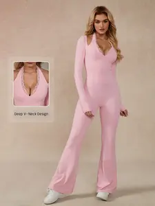 Women's Fashion Sporty V Neck Halter High Waist Long Sleeve Jumpsuit, Pilates Yoga for Running Cycling Hiking Gym Training, Workout Jumpsuit, Sporty Comfy Jumpsuit, Sportswear Jumpsuits