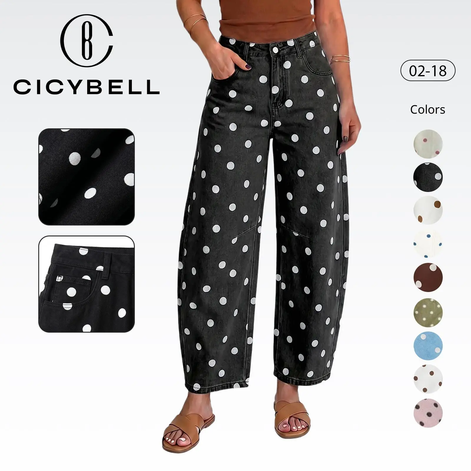 Cicy Bell Women's Polka Dot High-Rise Barrel Jeans - Streetwear Bottom Trouser Clothes, Boyfriend Baggy Wide-Leg Denim Pants with Pockets, Buttons Pants