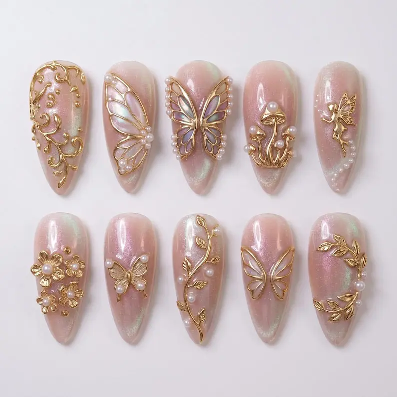 Pink Fairycore Press On Nails | 3D Gold Butterfly Fairy Mushroom Floral Nail Art | Pearl Shimmer Long Almond Nails | Enchanted Garden Handmade Nail Set