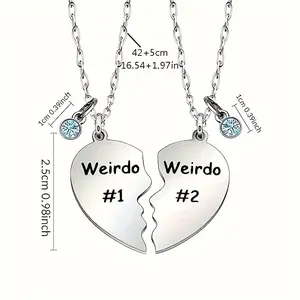 2025 New 2pcs Weirdo Best Friend Heart Puzzle Necklaces - Stainless Steel with Blue Rhinestones, Unique Gift for Friends or Sisters, Elegant French Style Jewelry for Casual Attire, Heart Necklace