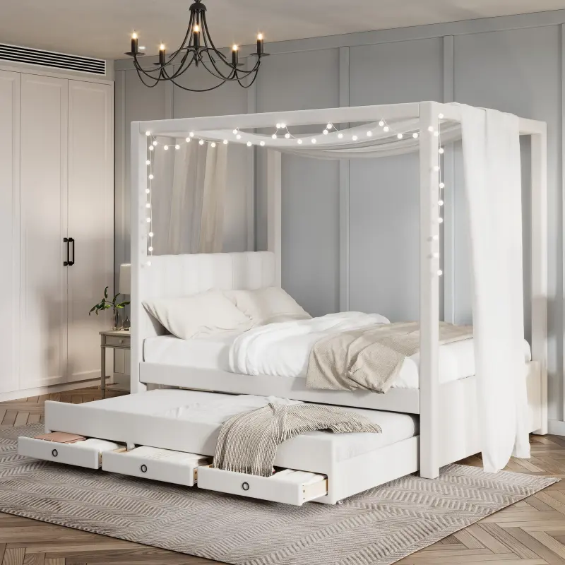 Modern Full Size Upholstery Canopy Platform Bed with Twin Size Trundle, 3 Storage Drawers, Durable Reinforced Slats, MDF Frame, Solid Pine Wood, No Box Spring Needed, Beige