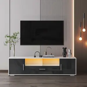 Modern TV Console with Remote-Controlled LED Lights - White/Dark Gray Entertainment Center with Storage Cabinets & Display Shelves for Any Room