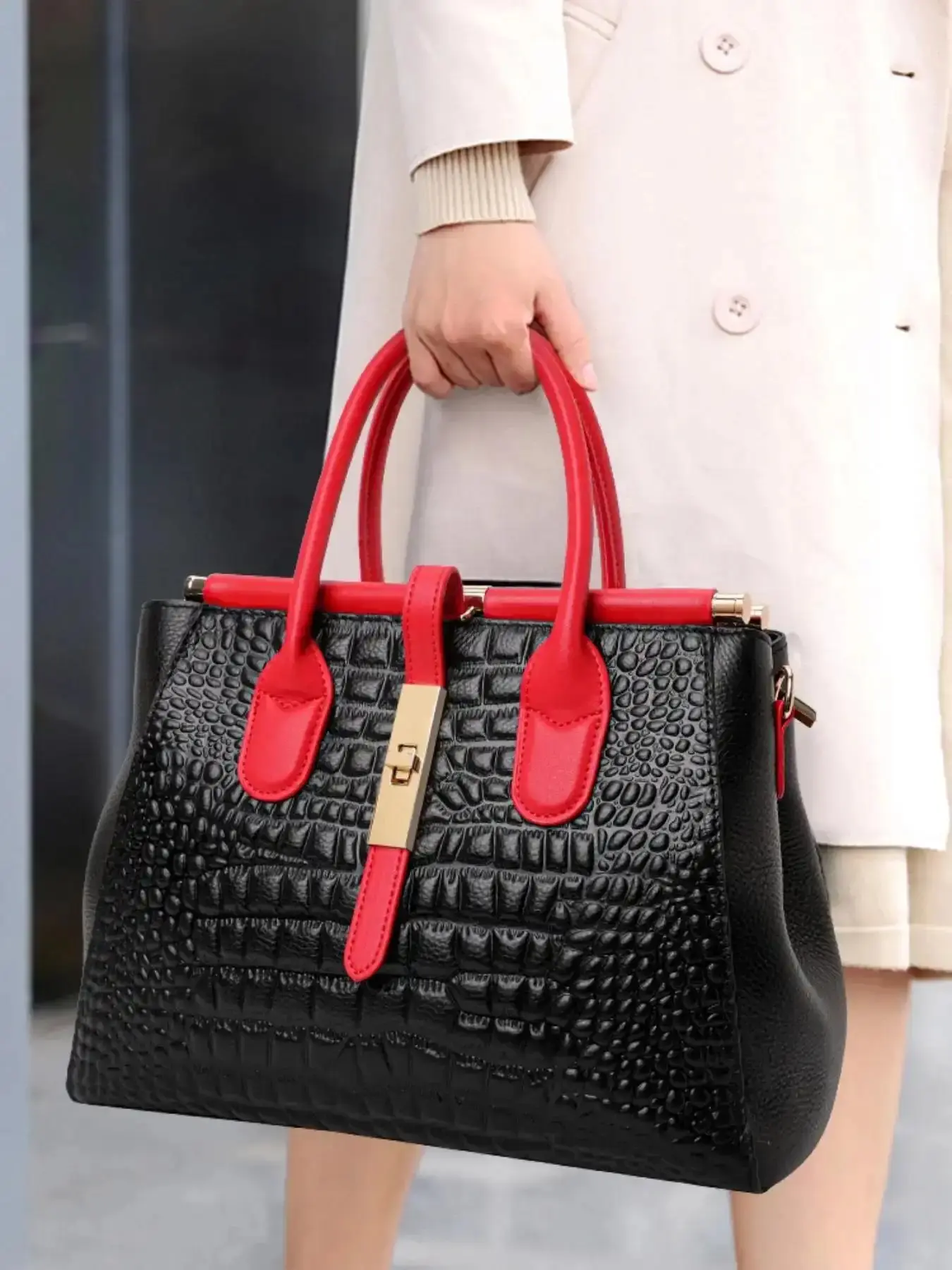 Women's Crocodile Embossed Handbag, Leather Satchel, Large Capacity Crossbody Shoulder Bag for Daily Use, Casual Trendy Daily Commuting Bag Designer Bags, Daily Commuter Purse