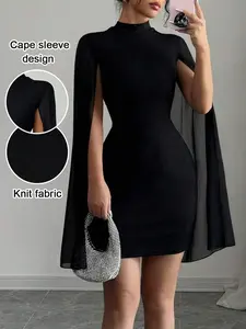 Sexy Mini Bodycon Dress, Shawl Mesh Design, Cape Sleeves, Sparkling Sequins, Trendy Valentine's Party Dress, Fashionable Evening Gown