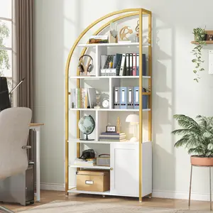 71.1" Tall Industrial Book Shelf with Metal Frame & 9 Open Display Shelves, Large Display Shelving Unit, 6-Tier Bookshelf with Door, Geometric Book Shelf for Lving Room, Home Office