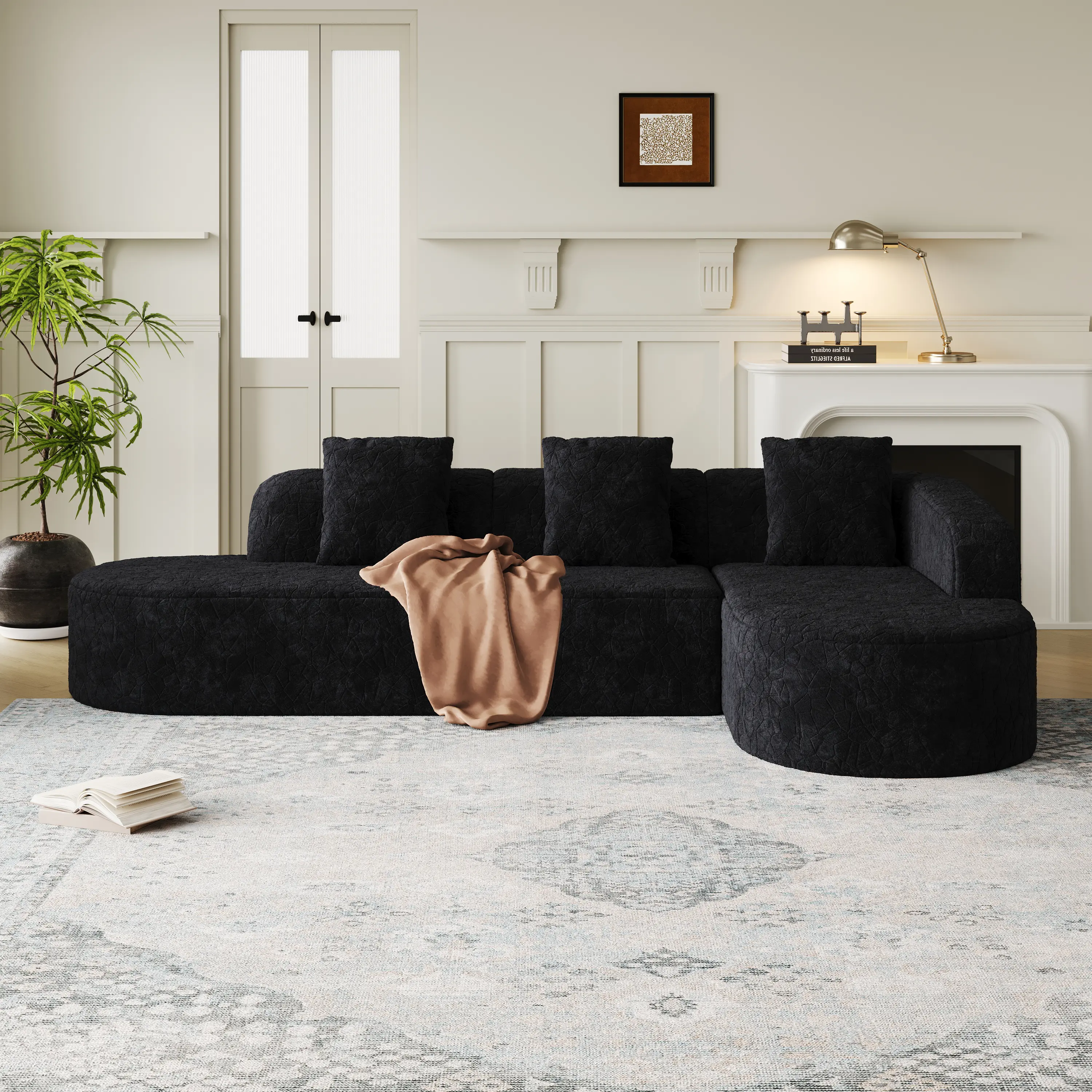 111.8" L-Shaped Curved Modular Sectional Sofa - Oversized Customizable Corner Comfy Couch, Lychee-Textured Long-Pile Polyester Fluffy Indoor Modern Upholstered Set, Curved Backrest, 3 Throw Pillows for Living Room, Modern Upholstered Sofa