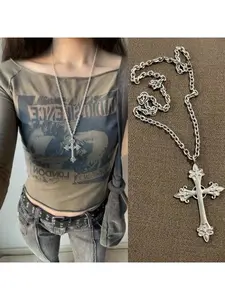 Y2K Grunge Vibe: Edgy Stainless Steel Cross Chain Necklace, Cross Design Necklace | Unisex