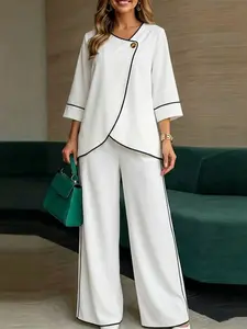 ZANZEA Women's Asymmetrical Hem Seven-Quarter Sleeve Top and Elastic Waist Long Pants Set, Two-Piece, European Style Office Wear