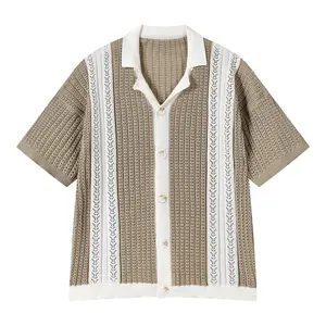 Vintage Openwork Lace Stripe Mens Knit Button Down Shirt Camp Collar Design Contrast Vertical Stripe Detail Breathable Mesh Texture Perfect for Retro Casual Outfits and Summer Street Style