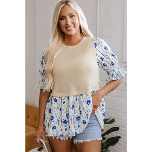 Beige Waffle Floral Patchwork Short Flounce Sleeve Peplum Blouse