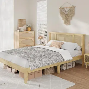 Garvee Bed Frame with Boho Rattan Headboard, Sturdy Metal Base, Durable Wood Slats, and Cane Weave Mattress Support for Modern Bedroom Comfort and Style, No Box Spring Needed