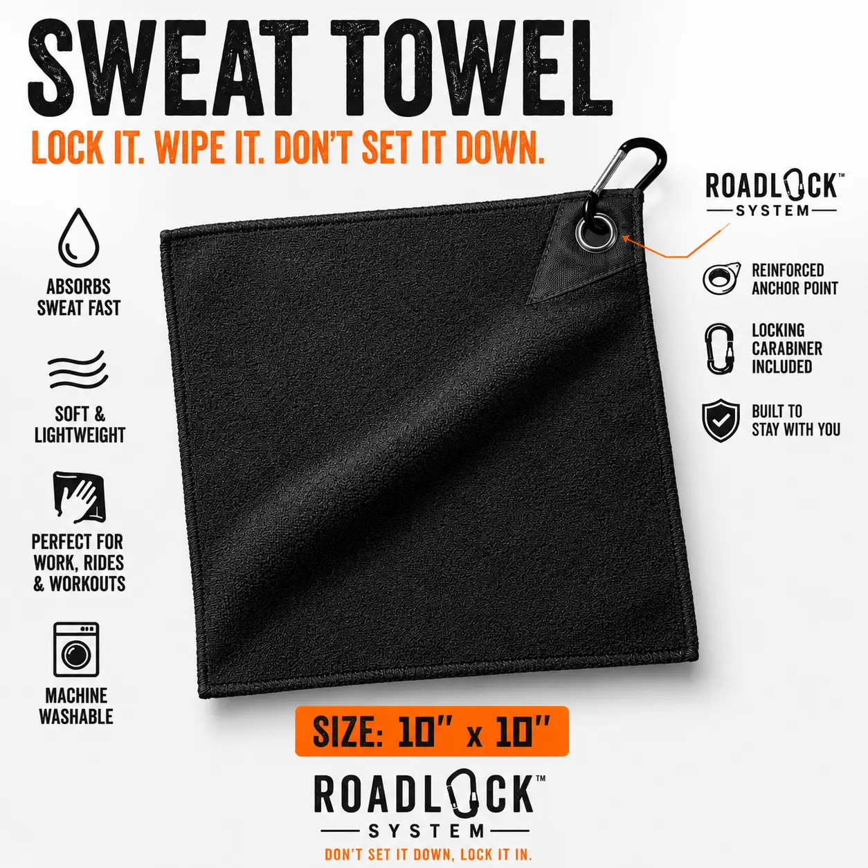 RoadLock System Sweat Towel 10" x 10" - Absorbs Fast, Soft & Lightweight, Machine Washable, Reinforced Anchor Point, Locking Carabiner Included