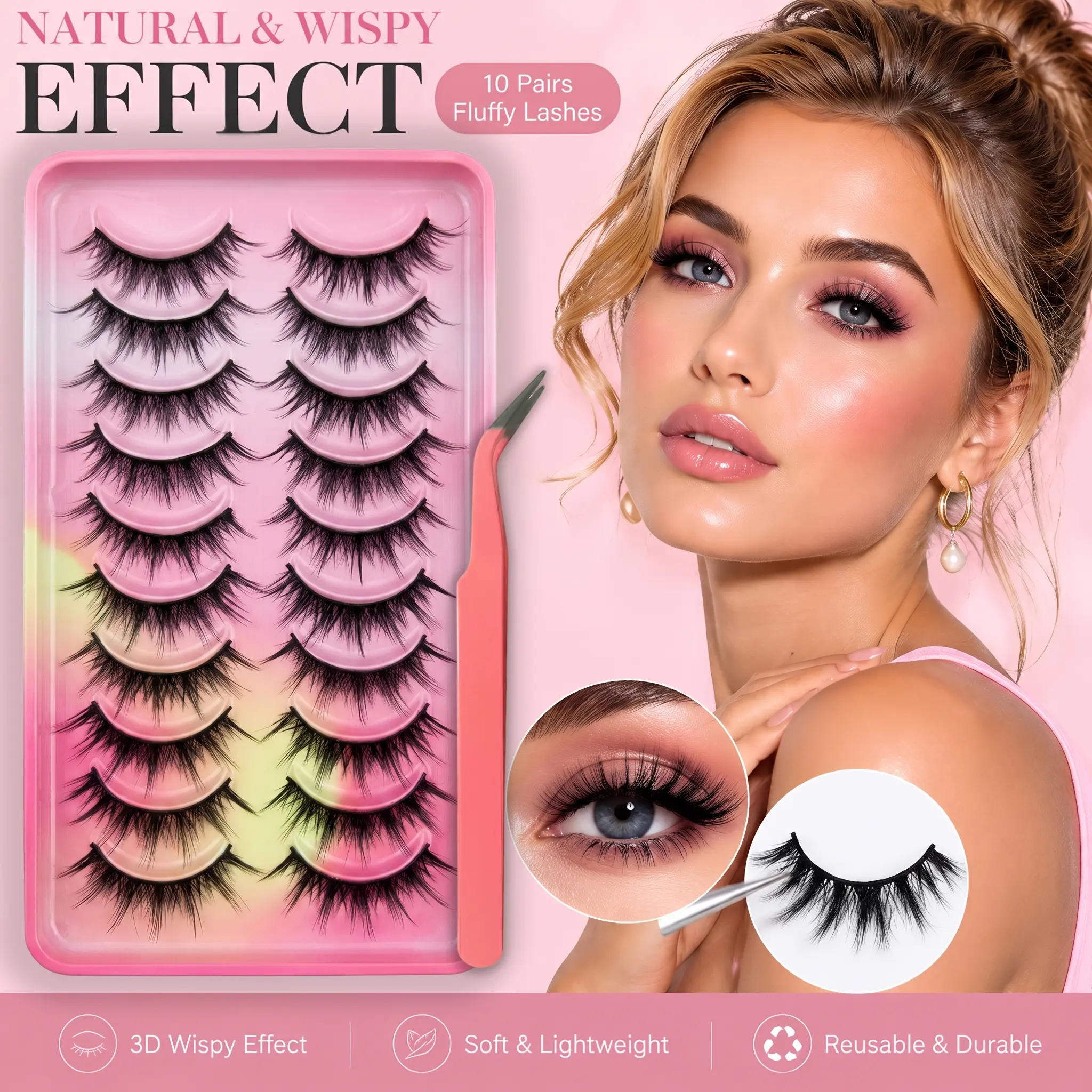 10 Pairs Wispy Cat Eye False Eyelashes, 3D Natural Fluffy Lightweight Reusable Strip Lashes with Lash Tweezers, Beginner-Friendly for Daily Makeup, Date