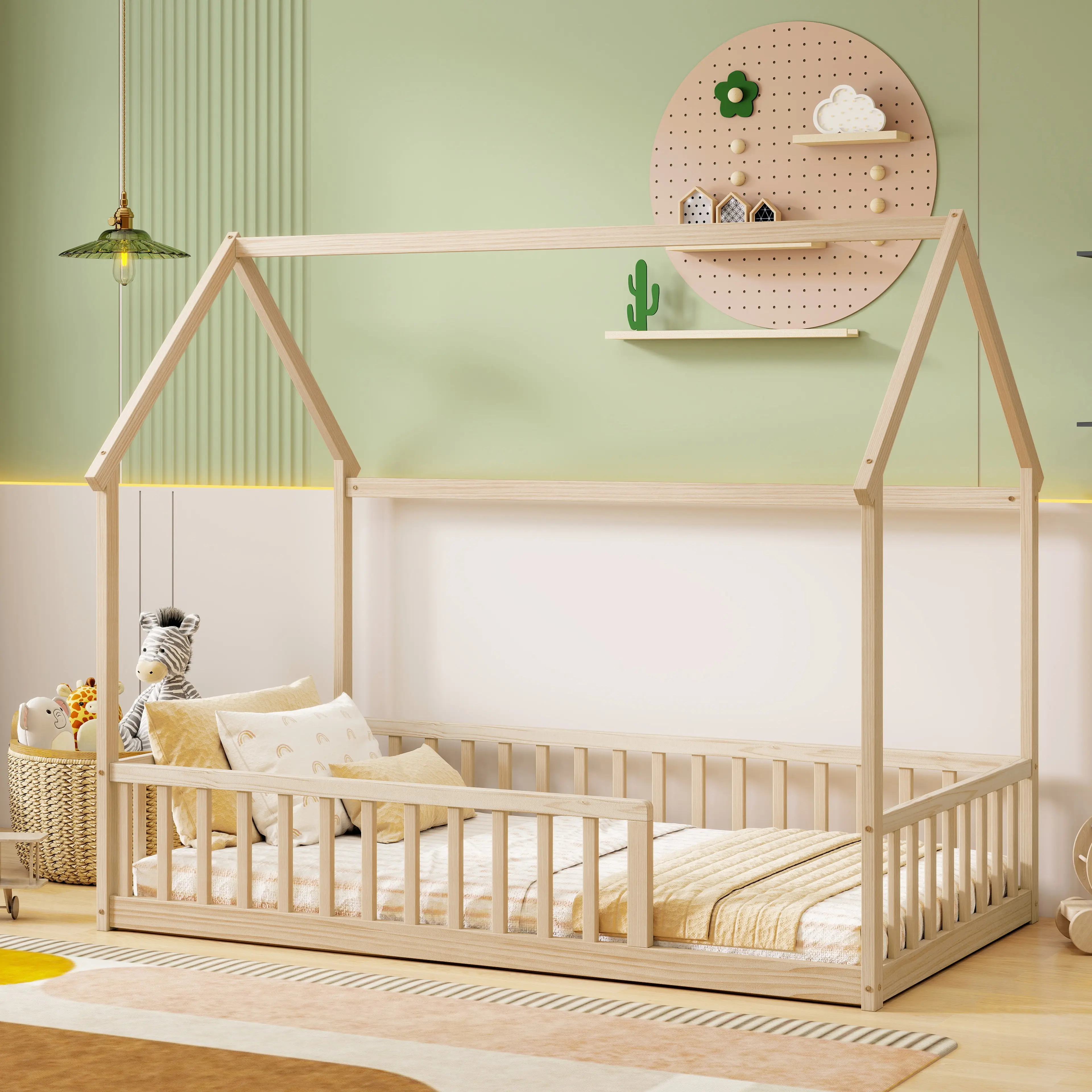 Eyisean Twin/Full Size Wooden Montessori Floor Bed, Cute House-Shaped Design Beds with Safety Guardrails, Fun Low Profile Bed Frame with Roof, Sleep & Play, No Box Spring Needed, Easy Assembly for Apartment, Bedroom